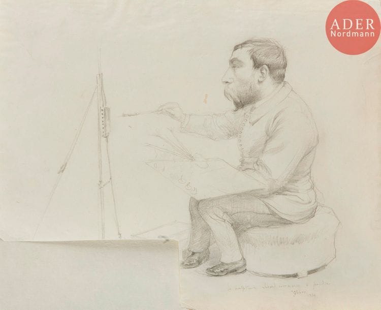 Jean Veber (1864-1928) 
Le Sculpteur Sicard commence à peindre. 1938. Dessin à la mine de plomb sur vélin mince [278 x 225], titré, signé et daté au crayon. Petite découpe en pied à gauche du feuillet.
