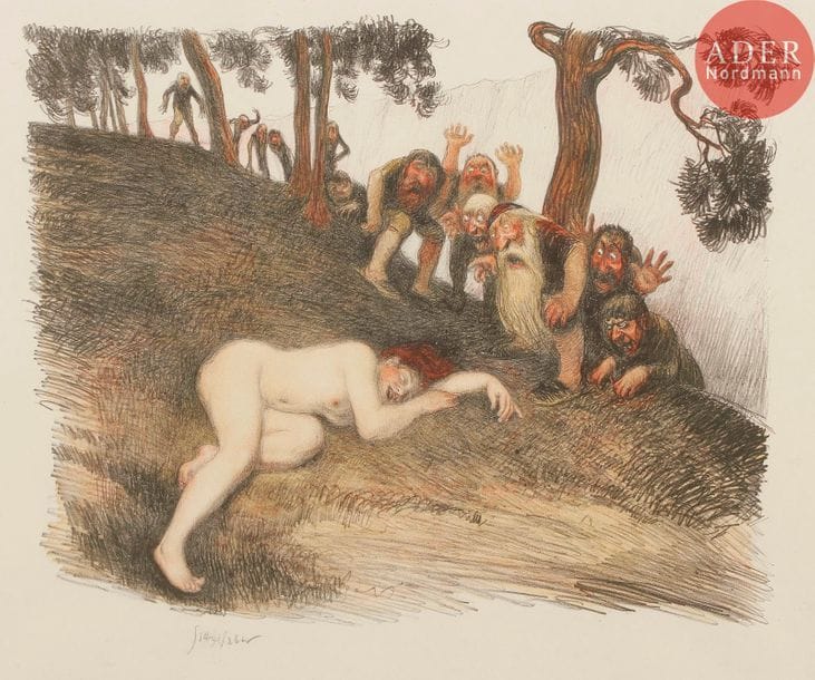 Jean Veber (1864-1928) 
Le Monstre. 1907. Lithographie. 380 x 293. Veber et Lacroix 51. Impression en couleurs. Très belle et fraîche épreuve sur japon, signée au crayon (avec petite trace de frottement sur la signature). Semis de minuscules rousseurs en pied. Toutes marges. Tirage à 125 épreuves. Cadre.