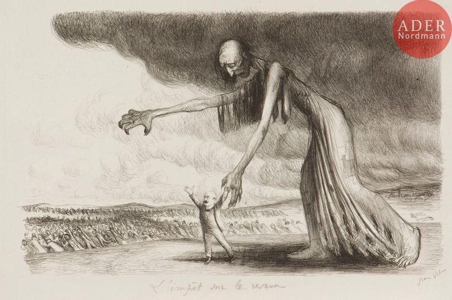 Jean Veber (1864-1928) 
La Grande Misère, ou L’Impôt sur le revenu. 1911. Lithographie. 470 x 295. Veber et Lacroix 129. Très belle épreuve sur vélin fort, titrée et signée au crayon. Toutes marges. Tirage à une quarantaine d’épreuves. Timbre sec : Ed. Sagot éd. (Lugt 2254).