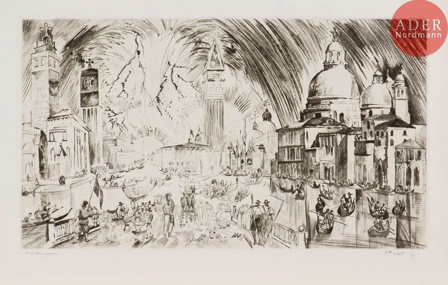 Henry de Waroquier (1881-1970) 
Fête nautique à Venise. 1926. Pointe sèche. 475 x 270. Auberty 38. Parfaite épreuve sur vélin, signée au crayon, annotée « 1er état 2/7 » puis « avant aciérage ». Toutes marges non ébarbées.