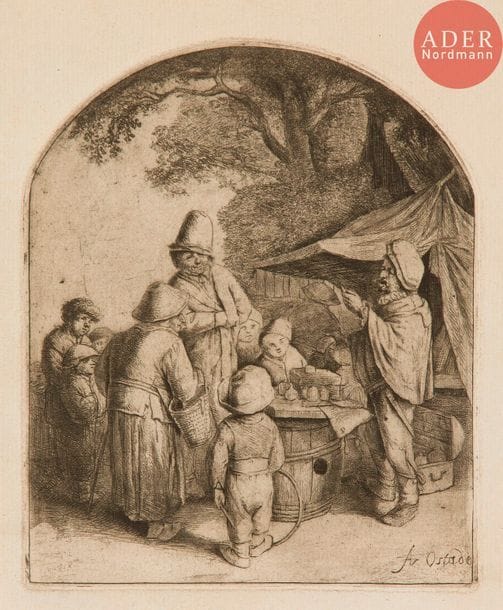 Adriaen van Ostade (1610-1686) 
Le Charlatan. 1648. Eau-forte. 120 x 150. Godefroy 41. Belle épreuve en tirage du XIXe s. sur vergé mécanique. Petites marges.