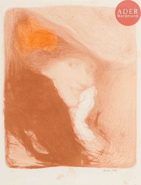 Edmond Aman-Jean (1860-1936) 
La Rieuse. 1900. Lithographie. 345 x 430. Impression en couleurs. Bonne épreuve sur vélin blanc fort, numérotée et signée au crayon. Fortes rousseurs éparses. Toutes marges. Tirage à 90 épreuves. Cadre.