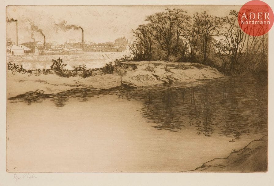 Edgar Chahine (1874-1947) 
La Seine à Courbevoie. 1907. Eau-forte et pointe sèche. 460 x 295. Tabanelli 261. Très belle épreuve tirée à l’effet sur japon, signée au crayon. Petite auréole claire d’humidité en pied du feuillet. Toutes marges. Tirage à 50 épreuves.