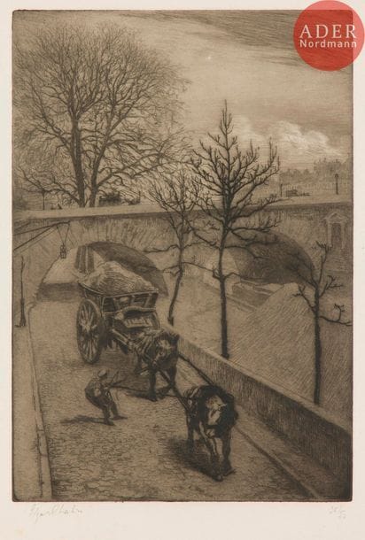 Edgar Chahine (1874-1947) 
Berges de la Seine, Pont-Marie. 1908. Eau-forte et pointe sèche. 216 x 318. Tabanelli 274. Très belle épreuve tirée à l’effet sur vélin blanc fort, signée et numérotée au crayon. Minuscule tache claire sous la signature. Toutes marges. Tirage à 50 épreuves.