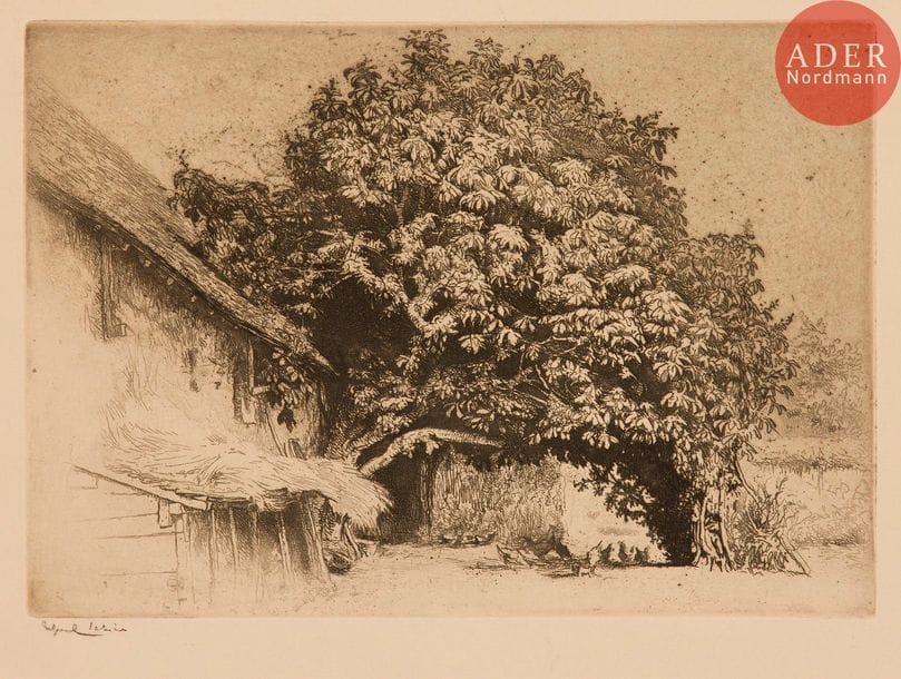 Edgar Chahine (1874-1947) 
Le Marronnier. 1914. Eau-forte. 320 x 225. Tabanelli 321. Très belle épreuve sur vélin fort ivoire, signée au crayon. Toutes marges. Tirage à 50 épreuves.