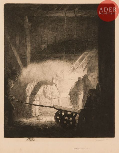 Angèle Delasalle (1867-après 1938) 
La Forge. 1904. Eau-forte et pointe sèche. 383 x 463. Très belle épreuve sur japon, nominative, avec remarque, signée au crayon. Toutes marges non ébarbées.