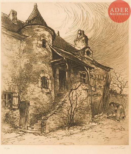 Georges GOBO (1876-1958)
Georges Gobô (1876-1958) 
Maisons à Port-Thibaut (Anjou). 1908. Eau-forte. 350 x 400. I.F.F. 1. Très belle épreuve tirée en noir bistré sur vergé fort crème, numérotée, signée et titrée au crayon. Trace claire d’oxydation à l’ouverture d’un ancien montage. Léger empoussiérage dans les grandes marges non ébarbées. Tirage à 30 épreuves.