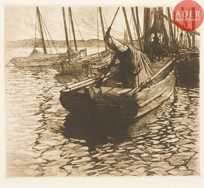 Georges GOBO (1876-1958)
Georges Gobô (1876-1958) 
La Grosse barque. 1908. Eau-forte. 400 x 350. I.F.F. 2. Très belle épreuve tirée en noir bistré sur vergé fort crème, numérotée, signée, dédicacée au crayon : « Pour Monsieur Vever » et titrée en pied. Léger empoussiérage dans les grandes marges non ébarbées. Restes de colle dans les angles au verso. Tirage à 30 épreuves.