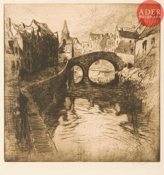Georges GOBO (1876-1958)
Georges Gobô (1876-1958) 
Le Quai des ménétriers, Bruges. 1912. Eau-forte. 440 x 445. I.F.F. 8. Très belle épreuve tirée en noir bistré sur vélin fort crème, numérotée, signée et titrée au crayon. Empoussiérage aux bords des grandes marges non ébarbées. Tirage à 50 épreuves.