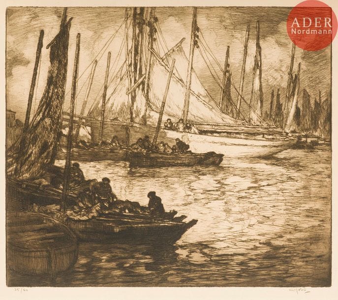 Georges GOBO (1876-1958)
Georges Gobô (1876-1958) 
Les Thoniers à Douarnenez. 1914. Eau-forte. 520 x 448. I.F.F. 21. Très belle épreuve tirée en noir bistré sur vélin fort crème, numérotée, signée et titrée au crayon. Empoussiérage et rousseurs au verso et dans les belles marges non ébarbées. Tirage à 60 épreuves.