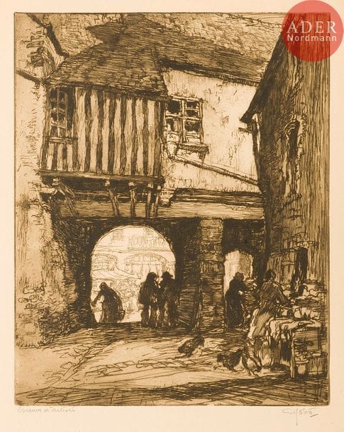Georges GOBO (1876-1958)
Georges Gobô (1876-1958) 
Dol-de-Bretagne (arcades et maison à colombage). 1914. Eau-forte. 300 x 370. I.F.F. 22. Très belle épreuve tirée en noir bistré sur vélin fort crème, annotée au crayon : « Epreuve d’artiste », signée, titrée, annotée dans l’angle inférieur droit : « bon à tirer » et signée une seconde fois. Traces d’oxydation et empoussiérage dans les grandes marges non ébarbées. 