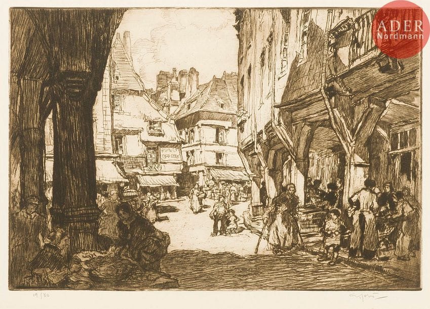 Georges GOBO (1876-1958)
Georges Gobô (1876-1958) 
Dol-de-Bretagne (le marché). 1914. Eau-forte. 450 x 305. I.F.F. non décrit. Très belle épreuve tirée en noir bistré sur vélin fort crème, numérotée et signée au crayon. Toutes marges. Tirage à 80 épreuves.
