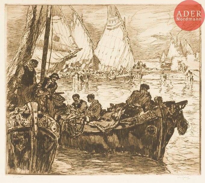 Georges GOBO (1876-1958)
Georges Gobô (1876-1958) 
Barques à Chioggia. 1920. Eau-forte. 470 x 410. I.F.F. 31. Très belle épreuve tirée en noir bistré sur vélin fort crème, annotée au crayon : « 2e état », signée et titrée. Empoussiérage et rousseurs éparses dans les grandes marges non ébarbées.
