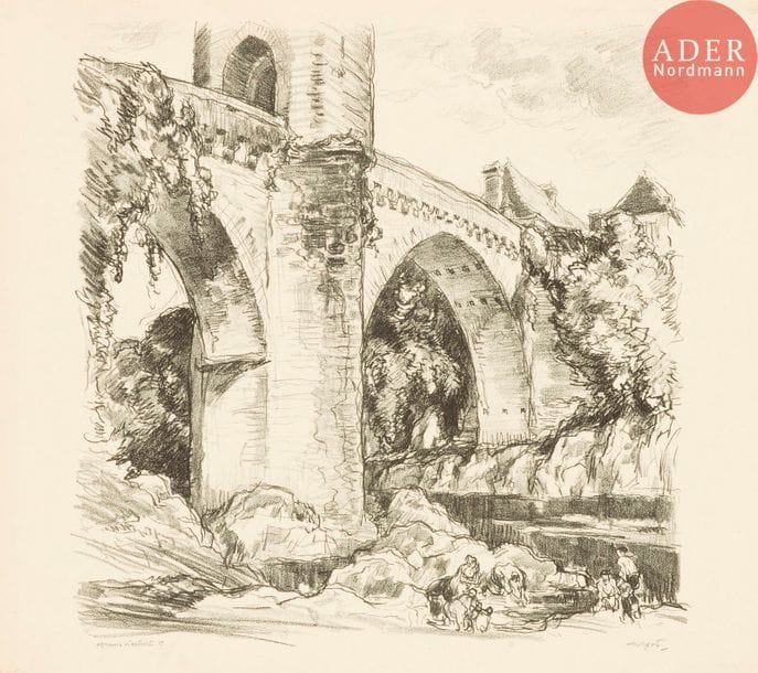 Georges GOBO (1876-1958)
Georges Gobô (1876-1958) 
Le Pont d’Orthez. 1923. Lithographie. 450 x 450. I. F. F. 60. Très belle épreuve sur vélin glacé crème, annotée au crayon : « épreuve d’artiste C », signée et titrée. Empoussiérage et courtes traces de plis aux bords des grandes marges.
