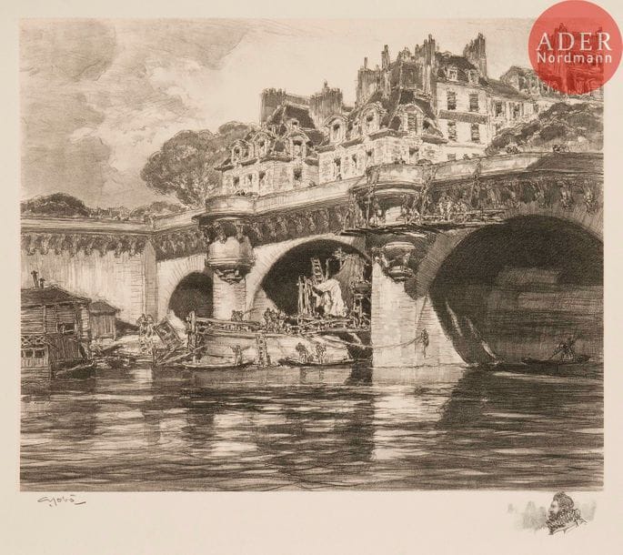 Georges GOBO (1876-1958)
Georges Gobô (1876-1958) 
Le Pont-Neuf à Paris. 1930. Lithographie. 395 x 345. I.F.F. 98. Très belle épreuve sur chine appliqué, avec remarque, signée au crayon. Quelques rousseurs claires éparses. Toutes marges.