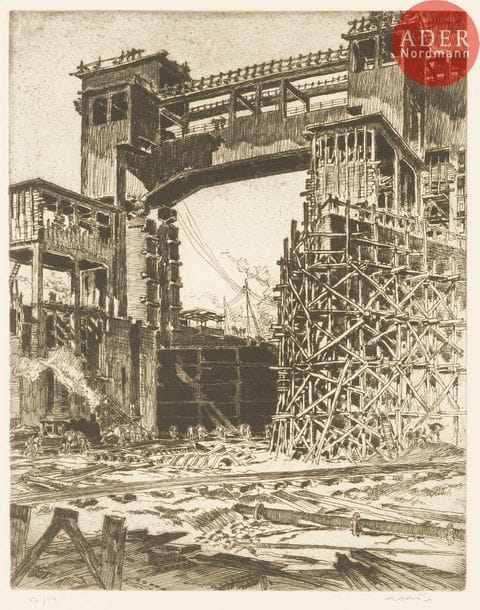 Georges GOBO (1876-1958)
Georges Gobô (1876-1958) 
Travaux du grand canal d’Alsace (Kembs) : Chantier de la centrale. Mai 1930. (Pl. 1 et 2) ; Les Écluses aval. Novembre 1930 ; Les Écluses amont. Octobre 1931. 1930-31. Eau-forte. Chaque env. 340-347 x 440-445. Suite complète homogène de 4 sujets. Très belles épreuves sur vélin fort crème, numérotées et signées au crayon. Menues salissures au verso. Toutes marges non ébarbées. Tirage à 110 épreuves.