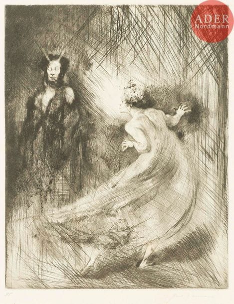 Paul Herrmann (1864-1946) 
Sechs Kaltnadelarbeiten zu Salome (Six gravures à la pointe sèche pour « Salomé »). Munich, Verlag von F. Bruckmann, 1922. Suite de 6 gravures précédées d’un feuillet de texte. Très belles épreuves sur vélin, numérotées et signées au crayon. Rousseurs claires. Toutes marges. L’un des 100 exemplaires sur vélin. Portefeuille de l’édition (défraîchi).