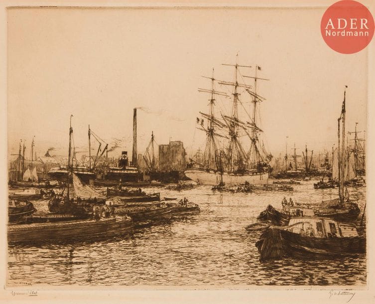 Gaston de Latenay (1859- ?) 
Entrée du bassin à Anvers. 1913. Eau-forte. 445 x 343. I.F.F. 7. Très belle épreuve sur vélin, annotée « Epreuve d’état » et signée au crayon. Trace d’oxydation à l’ouverture d’un ancien montage. Quelques rousseurs. Toutes marges.