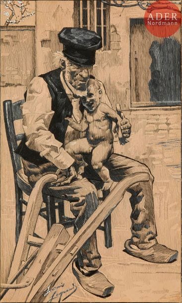 Louis Legrand (1863-1951) 
Vieux paysan à la charrue, enfant nu sur les genoux. Dessin de presse. Plume et encre de Chine, rehauts de gouache blanche (oxydée par places), sur vélin [275 x 463], collé sur carton fort. Signé dans le sujet en pied. Longue déchirure horizontale en pied dans le sujet, partant du bord gauche. 

Dessin reproduit dans Le Courrier Français du 16 octobre 1887, 4e année.