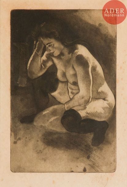 Louis Legrand (1863-1951) 
Melancholia. Eau-forte, aquatinte et pointe sèche. 232 x 362. Arwas 116. Très belle épreuve sur japon, signée au crayon et timbrée par l’éditeur G. Pellet (Lugt 1193). Rousseurs claires et nombreux fins plis de tirage. Marges. Cadre.