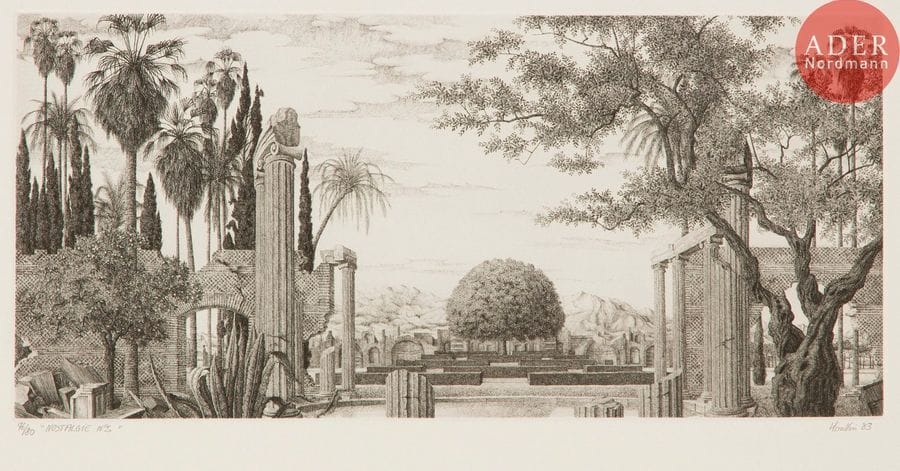 François Houtin (né en 1950) 
Nostalgie n° 2 ; Triptyque. 1983-1985. Eau-forte. 315 x 147 et 196 x 115. Parfaites épreuves sur vélin blanc, justifiées, signées et datées au crayon. Petits restes de colle au verso de la 1re . Toutes marges. Ens. 2 p.