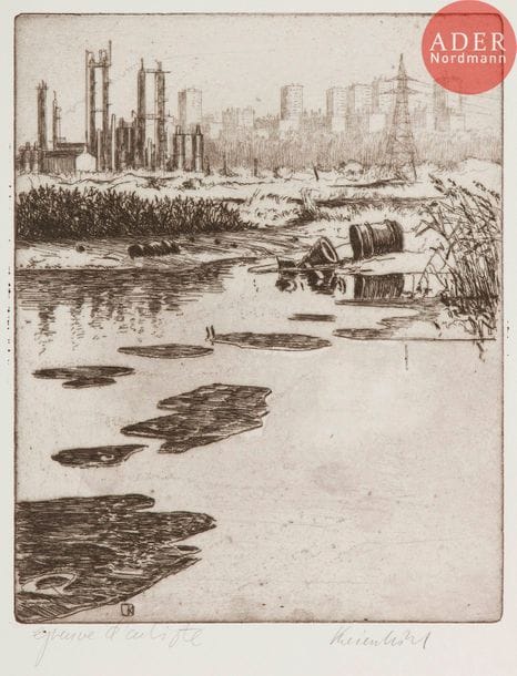 Jürg Kreienbühl (1932-2007) 
Étang pollué et ville du Havre. 1972. Eau-forte et pointe sèche sur zinc. 235 x 292. Plumart G52. Parfaite épreuve sur vélin blanc, justifiée « epreuve d’artiste » et signée au crayon. Toutes marges. Tirage définitif à 45 épreuves.