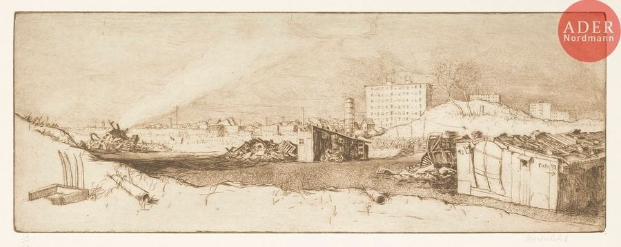 Jürg Kreienbühl (1932-2007) 
La Destruction du bidonville (Nanterre). 1977. Eau-forte, aquatinte et pointe sèche sur laiton. 665 x 245. Plumart G80. Très belle épreuve tirée en noir bistré avec teinte de fond sur vergé mince, numérotée et signée au crayon. Toutes marges. Tirage à 50 épreuves.