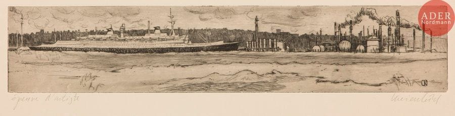 Jürg Kreienbühl (1932-2007) 
France raffinerie. 1978. Eau-forte et pointe sèche sur zinc. 462 x 90. Plumart G98. Parfaite épreuve sur vélin crème, justifiée « épreuve d’artiste » et signée au crayon. Toutes marges. Tirage définitif à 35 épreuves.
