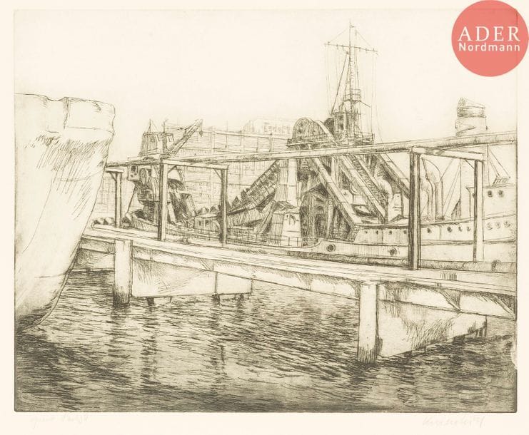 Jürg Kreienbühl (1932-2007) 
La Dragueuse. 1978-1995. Eau-forte, aquatinte et pointe sèche sur zinc. 495 x 393. Plumart G104. Parfaite épreuve sur vélin crème, justifiée « épreuve d’artiste » et signée au crayon. Toutes marges. Tirage définitif à 38 épreuves.