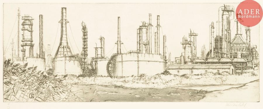 Jürg Kreienbühl (1932-2007) 
La Raffinerie. 1978. Eau-forte, aquatinte et pointe sèche sur zinc. 708 x 275. Plumart G114. Parfaite épreuve sur vélin crème, numérotée et signée au crayon. Toutes marges. Tirage à 25 épreuves.