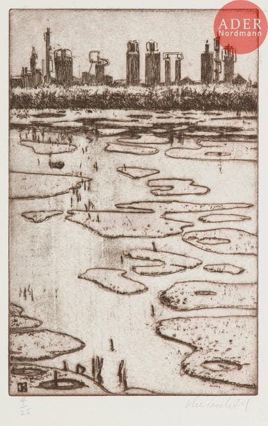 Jürg Kreienbühl (1932-2007) 
Étang pollué, flaques de pétrole I. 1978-1995. Eau forte, aquatinte et pointe sèche sur zinc. 192 x 295. Plumart G122. Parfaite épreuve sur vélin, numérotée et signée au crayon. Toutes marges. Tirage à 25 épreuves.