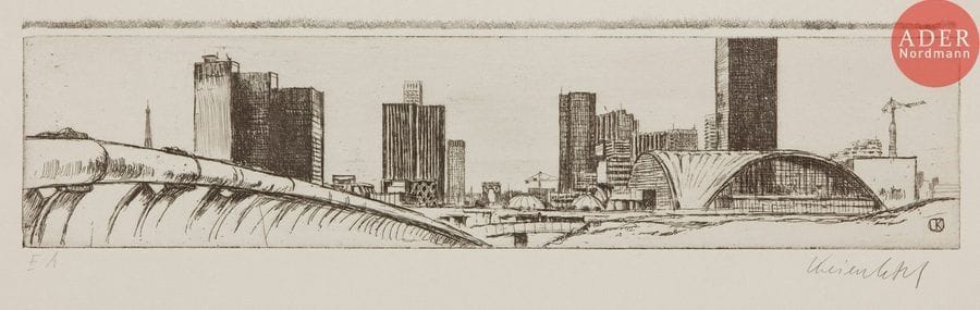 Jürg Kreienbühl (1932-2007) 
La Défense. 1981. Eau-forte et pointe sèche sur zinc. 435 x 100. Plumart G 170. Très belle épreuve sur vélin gris, justifiée « EA » et signée au crayon. Petite bande de décharge d’encre le long du bord supérieur. Toutes marges. Tirage définitif à 30 épreuves.