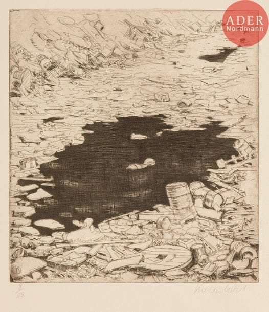 Jürg Kreienbühl (1932-2007) 
Le Trou noir. 1981. Eau-forte, aquatinte et pointe sèche sur laiton. 269 x 295. Plumart G174. Parfaite épreuve sur vélin crème, numérotée et signée au crayon. Toutes marges. Tirage à 28 épreuves.