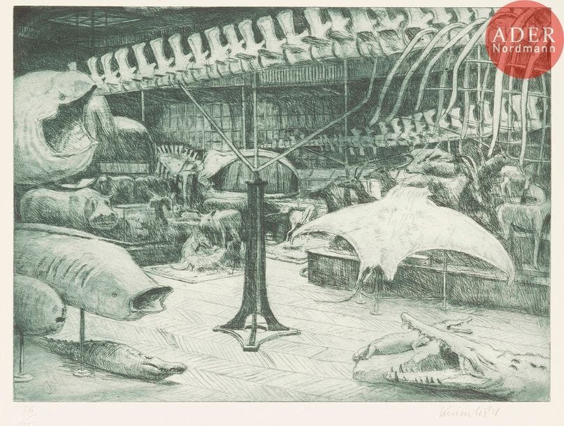 Jürg Kreienbühl (1932-2007) 
Galerie de Zoologie, Musée d’histoire naturelle de Paris. 1986-1995. Eau-forte, aquatinte et pointe sèche sur laiton. 510 x 375. Plumart G194. Parfaite épreuve tirée en bleu sur vélin gris fort, numérotée et signée au crayon. Toutes marges. Tirage à 75 épreuves. 

 Le timbre sec reproduit ci-contre est dorénavant apposé sur toutes les planches de la Suite Vollard non signées provenant de sa succession.