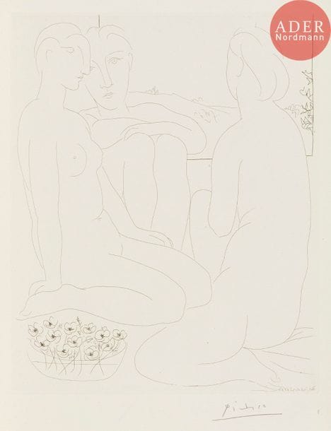 Pablo Picasso (1881-1973) 
Trois femmes nues et une coupe d’anémones. (Suite Vollard, pl. 67). 1933. Eau-forte. 298 x 367. Bloch 176 ; Baer 329 B d. Parfaite épreuve sur vergé de Montval filigrané « Picasso », du tirage à 260 épreuves à petites marges, signée au crayon.