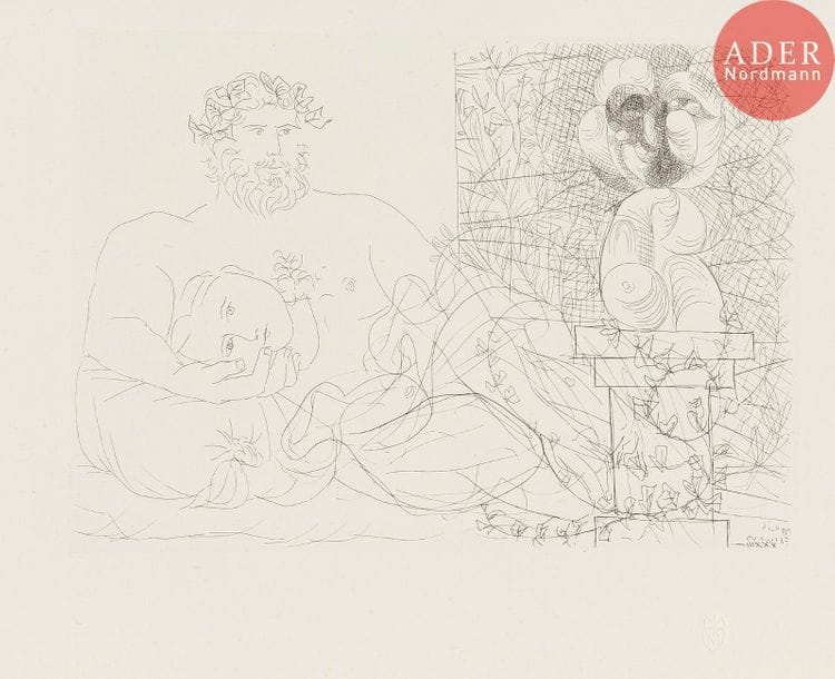Pablo Picasso (1881-1973) 
Le Repos du sculpteur et la grande tête surréaliste. (Suite Vollard, pl. 60). 1933. Eau-forte. 266 x 192. Bloch 169 ; Baer 322. Parfaite épreuve sur vergé de Montval filigrané « Picasso », du tirage à 260 épreuves à petites marges, non signée. 