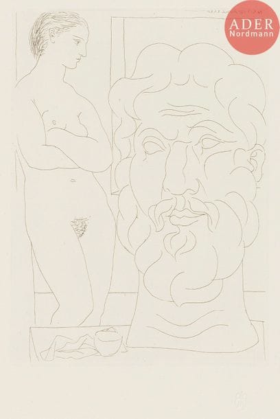 Pablo Picasso (1881-1973) 
Modèle et grande tête sculptée. (Suite Vollard, pl. 61). 1933. Eau-forte. 192 x 265. Bloch 170 ; Baer 323. Parfaite épreuve sur vergé de Montval filigrané « Picasso », du tirage à 260 épreuves à petites marges, non signée. 