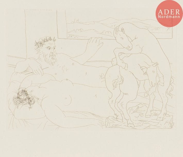 Pablo Picasso (1881-1973) 
Le Repos du sculpteur. (Suite Vollard, pl. 64). 1933. Eau-forte. 265 x 192. Bloch 173 ; Baer 326. Parfaite épreuve sur vergé de Montval filigrané « Picasso », du tirage à 260 épreuves à petites marges, non signée. 
