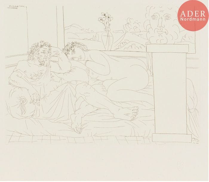 Pablo Picasso (1881-1973) 
Le Repos du sculpteur. (Suite Vollard, pl. 65). 1933. Eau-forte. 268 x 192. Bloch 174 ; Baer 327. Parfaite épreuve sur vergé de Montval filigrané « Picasso », du tirage à 260 épreuves à petites marges, non signée. 