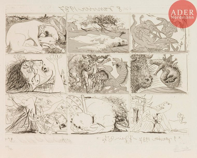 Pablo Picasso (1881-1973) 
Sueño y mentira de Franco. 1937. Eau-forte et aquatinte. Plaquette grand in-fol. [400 x 590]. Bloch 297 et 298 ; Baer 615 II B e et 616 V B ; Cramer 28. Deux planches de 9 sujets chacune. Très belles et fraîches épreuves sur vergé de Montval, numérotées au crayon, une seule revêtue du timbre humide gris de la signature. Couverture rempliée illustrée et feuillet de texte imprimé remplié. Exemplaire très frais. Tirage à 850 ex. 

« Avec cette suite de 18 scène sur deux planches, Picasso voulait manifester sa protestation contre le coup d’État de Franco. Son intention était de faire des cartes postales ou des tracts ayant un impact sur le peuple espagnol. C’est pour cela que, s’inspirant des images d’Épinal ou des « comics », il choisit la forme d’une bande dessinée. Il raille les aventures du faux caballero Franco… Sous l’impression du bombardement de Guernica (26 avril 1937), il grava 4 autres scènes, d’un caractère non plus caricatural mais nettement accusateur… » (P. Cramer et al., Pablo Picasso, catalogue raisonné des livres illustrés, Genève, P. Cramer éd., 1983, p. 82).