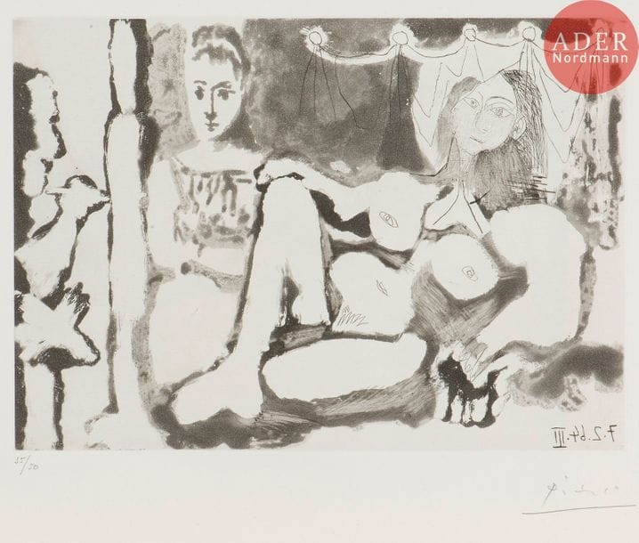 Pablo Picasso (1881-1973) 
Femme au chat dans l’atelier. 1964. Aquatinte, eau-forte, grattoir et pointe sèche. 330 x 232. Bloch 1162 ; Baer 1151 B b1. Parfaite épreuve sur vélin blanc, numérotée et signée au crayon. Toutes marges. Tirage à 50 épreuves. Édition de la galerie Louise Leiris (1967).