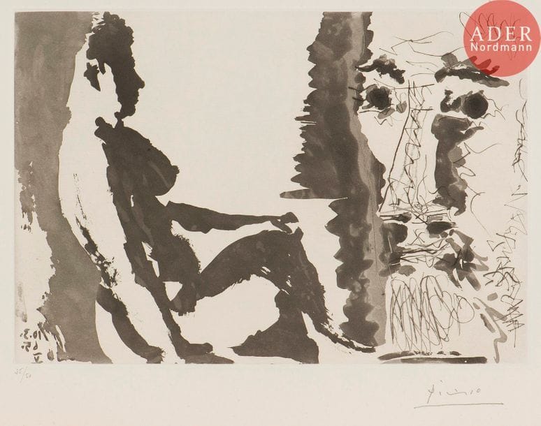 Pablo Picasso (1881-1973) 
Nu et spectateur. 1965. Aquatinte, pointe sèche et grattoir. 320 x 220. Bloch 1213 ; Baer 1195 B b 1. Très belle épreuve sur vélin filigrané « Richard de Bas », numérotée et signée au crayon. Très légère oxydation du feuillet. Toutes marges. Tirage à 50 épreuves. Édition de la galerie Louise Leiris (1967).