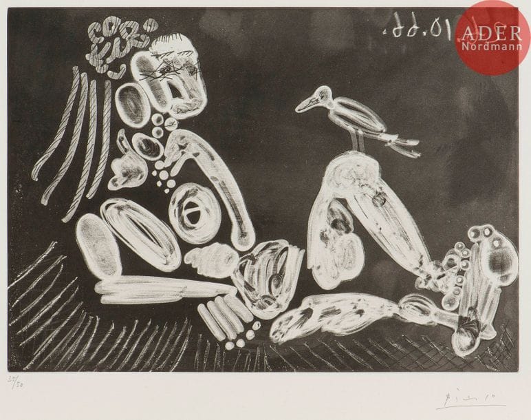 Pablo Picasso (1881-1973) 
Femme à l’oiseau. 1966. Aquatinte et eau-forte. 373 x 267. Bloch 1391 ; Baer 1413 B b 1. Parfaite épreuve sur vélin blanc, numérotée et signée au crayon. Toutes marges. Tirage à 50 épreuves. Édition de la galerie Louise Leiris (1968).