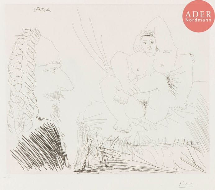 Pablo Picasso (1881-1973) 
Courtisane au lit avec un visiteur. (Les 347, pl. 73). 1968. Eau-forte. 492 x 408. Bloch 1553 ; Baer 1569 B b 1. Parfaite épreuve sur vélin blanc, numérotée et signée au crayon. Toutes marges. Tirage à 50 épreuves. Édition de la galerie Louise Leiris (1969).