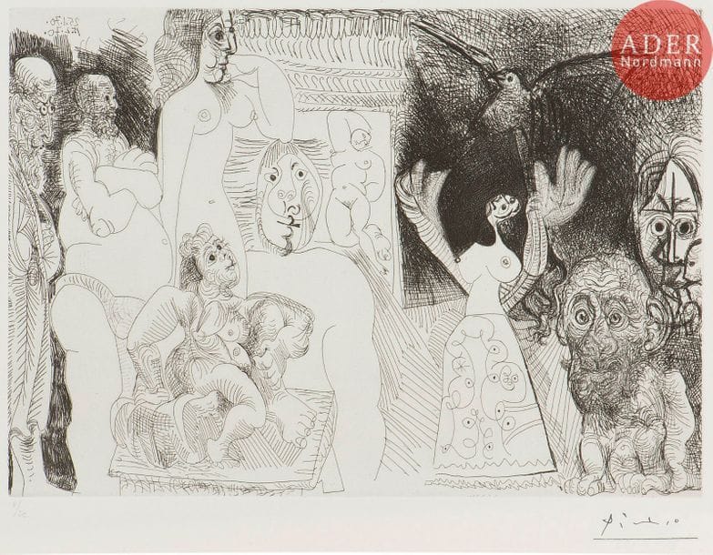 Pablo Picasso (1881-1973) 
Autoportrait dédoublé, maja au pigeon… (Les 156, pl. 5). 1970. Eau-forte, grattoir et pointe sèche. 325 x 228. Bloch 1860 ; Baer 1865 IV B b. Parfaite épreuve sur vélin blanc, numérotée au crayon et timbrée (Lugt 2026e). Toutes marges. Tirage à 50 épreuves. Édition de la galerie Louise Leiris (1978).