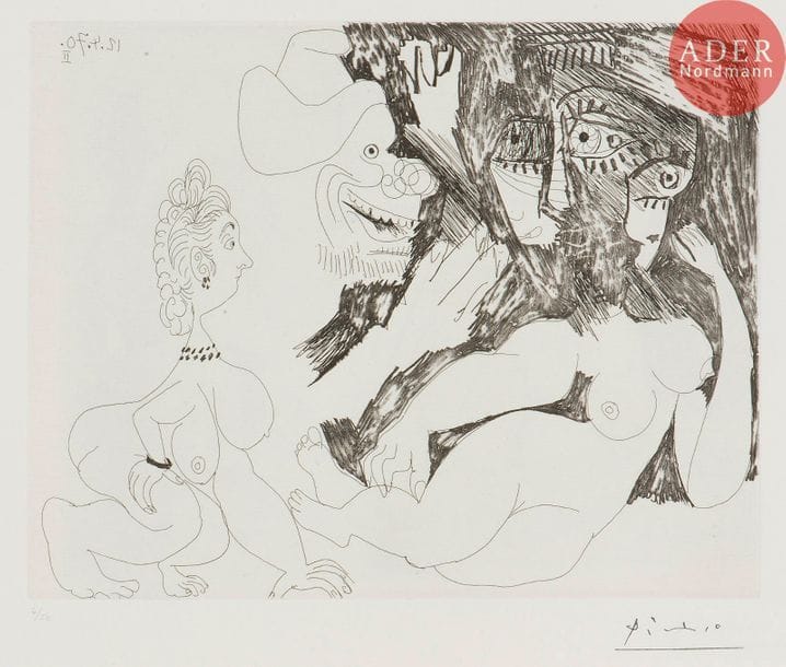 Pablo Picasso (1881-1973) 
Homme-chien et femme, avec une petite bourgeoise stupéfaite. (Les 156, pl. 32). 1970. Eau-forte. 275 x 217. Bloch 1887 ; Baer 1893 B a. Parfaite épreuve sur vélin blanc, numérotée au crayon et timbrée (Lugt 2026e). Toutes marges. Tirage à 50 épreuves. Édition de la galerie Louise Leiris (1978).