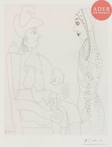 Pablo Picasso (1881-1973) 
Conquistador et femme marocaine au voile brodé. (Les 156, pl. 33). 1970. Eau-forte. 215 x 275. Bloch 1888 ; Baer 1894 B a. Parfaite épreuve sur vélin blanc, numérotée au crayon et timbrée (Lugt 2026e). Toutes marges. Tirage à 50 épreuves. Édition de la galerie Louise Leiris (1978).