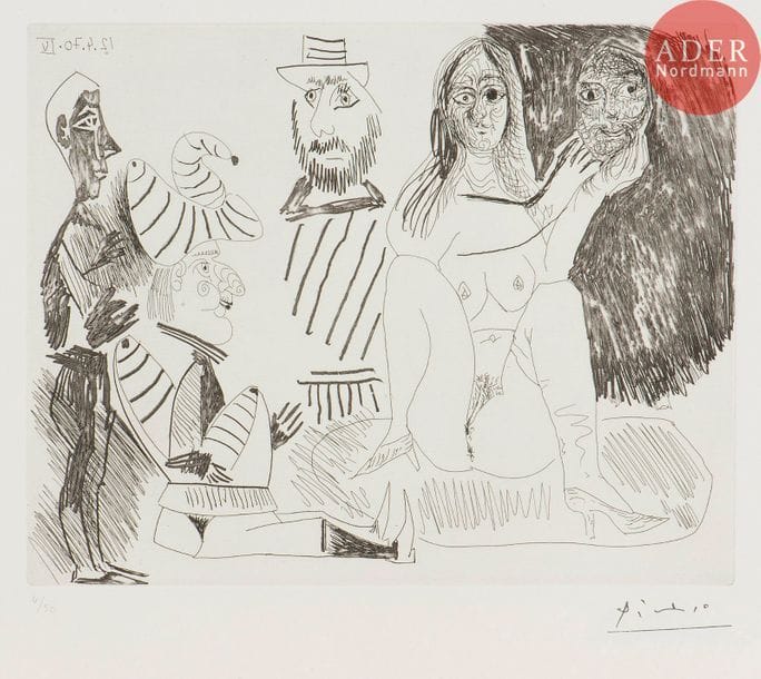 Pablo Picasso (1881-1973) 
Femme nue montrant un masque masculin, polichinelle... (Les 156, pl. 34). 1970. Eau-forte. 275 x 217. Bloch 1889 ; Baer 1895 B a. Parfaite épreuve sur vélin blanc, numérotée au crayon et timbrée (Lugt 2026e). Toutes marges. Tirage à 50 épreuves. Édition de la galerie Louise Leiris (1978).
