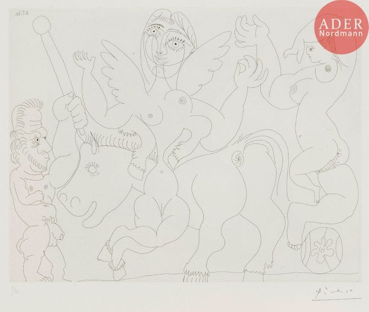 Pablo Picasso (1881-1973) 
Dompteur, écuyère-jument ailée, et acrobate à la boule. (Les 156, pl. 50). 1970. Eau-forte. 365 x 270. Bloch 1905 ; Baer 1911 B a. Parfaite épreuve sur vélin blanc, numérotée au crayon et timbrée (Lugt 2026e). Toutes marges. Tirage à 50 épreuves. Édition de la galerie Louise Leiris (1978).