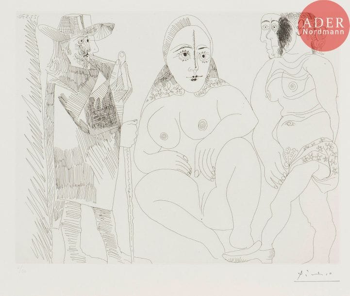Pablo Picasso (1881-1973) 
Caballero à la pipe avec deux femmes dont une masquée. (Les 156, pl. 53). 1970. Eau-forte. 346 x 270. Bloch 1908 ; Baer 1914 B a. Parfaite épreuve sur vélin blanc, numérotée au crayon et timbrée (Lugt 2026e). Toutes marges. Tirage à 50 épreuves. Édition de la galerie Louise Leiris (1978).